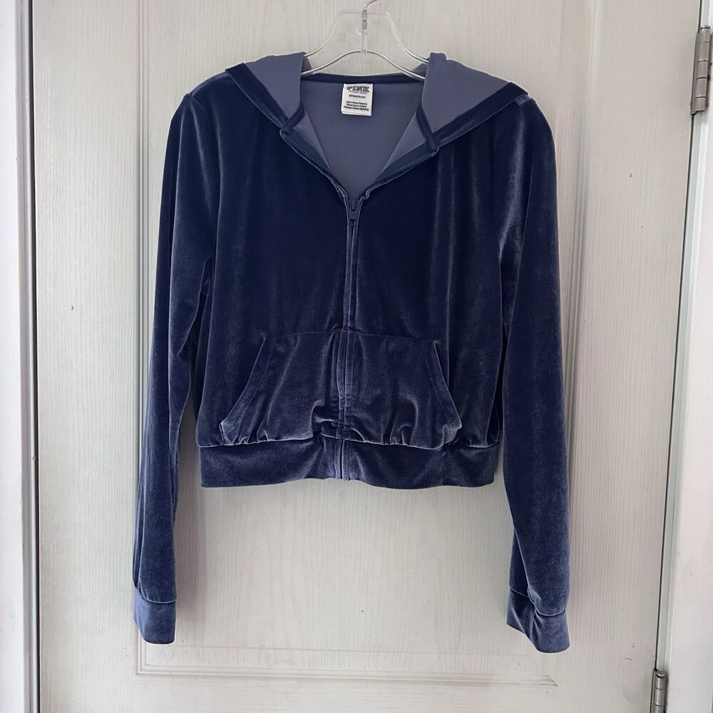 PINK Victoria's Secret Velour Cropped Hoodie Blue Velvet Y2K Rhinestone Small